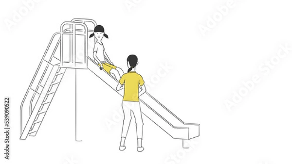 Fototapeta 滑り台で遊ぶ女の子と母親のシンプルなイラスト