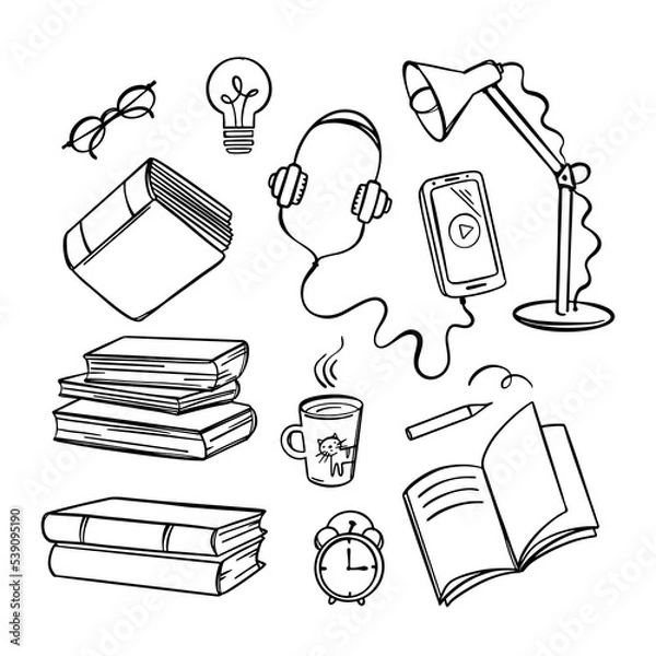 Obraz READ EDUCATION Bookstore Online Concept Home Education Hand Drawn Vector Collection Various School Supplies For Learning Of Students On Internet Doodle Style