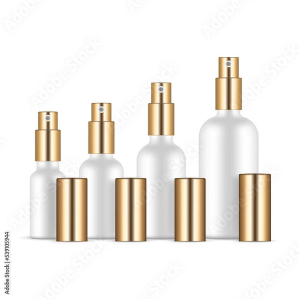 Fototapeta Set of Perfume Bottles With Gold Sprayers and Caps, Isolated on White Background. Vector Illustration
