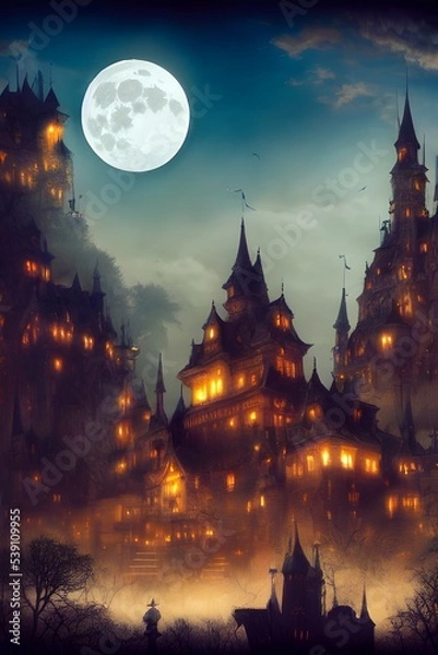 Fototapeta Fantasy castle on a full moon night. 