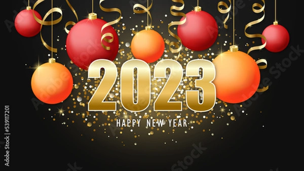 Fototapeta Happy new year 2023. Christmas red and orange balls and golden serpentine. Vector illustration. 
