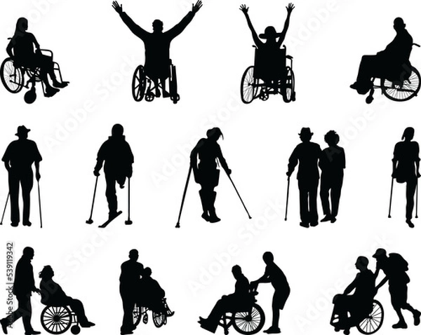 Fototapeta Silhouettes of old and disabled people on a white background