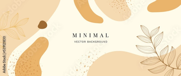 Fototapeta Abstract botanical background vector. Minimalist wallpaper with leaves, leaf branches, line art, earth tone color, organic shapes. Foliage art for banner, poster, bed and packaging.