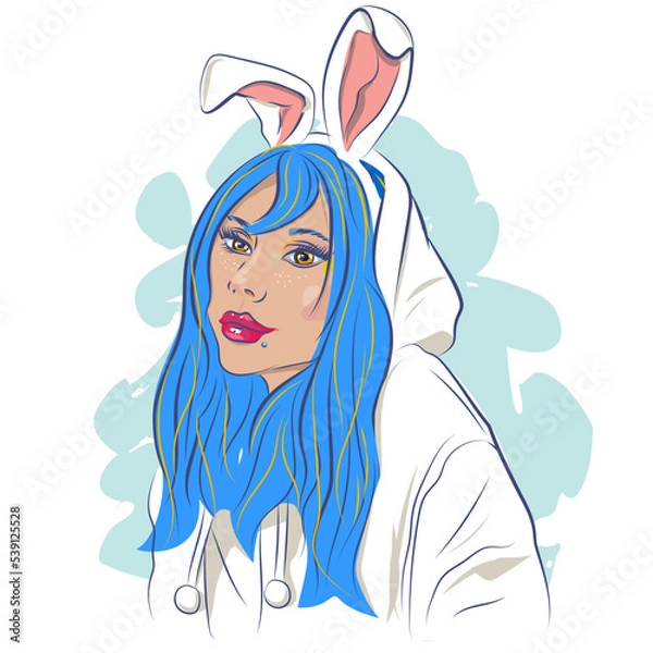 Fototapeta A girl in a rabbit costume, cute, with a headband with ears on her head.