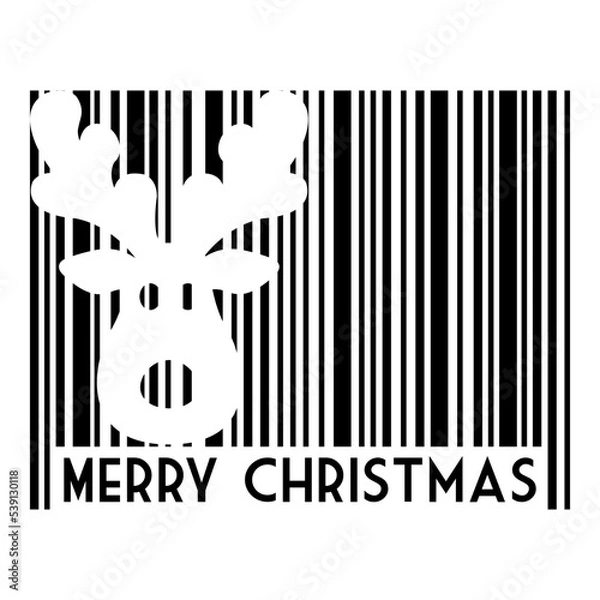 Fototapeta Logo con texto Merry Christmas con código de barras con líneas con silueta de cabeza de reno Rudolph en espacio negativo