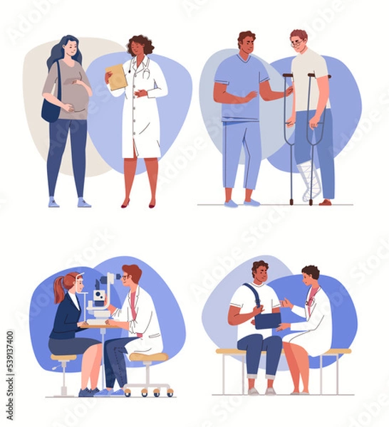 Fototapeta Set of doctors and patients. Consultation, diagnostics, treatment of adults. Collection of medical service scenes. Vector characters flat cartoon illustration.
