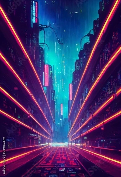Obraz Cyberpunk neon city night. Futuristic city scene. Backdrop. Wallpaper. Retro future 3D illustration. Urban sci fi scene.