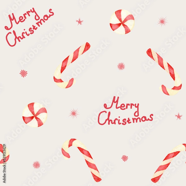 Obraz Watercolor Christmas seamless pattern with Candy Canes. Pattern with Striped Red Lollipops. Merry Christmas. Illustration For Winter Holidays. Design for packaging and textiles.