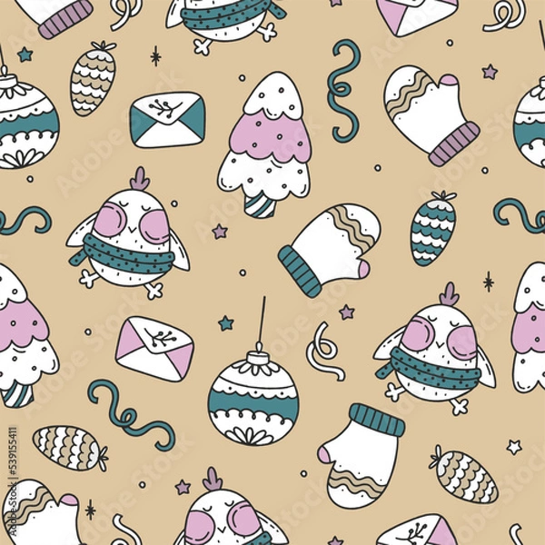 Fototapeta Seamless Christmas Pattern on Beige background Vector Doodle Christmas Concept