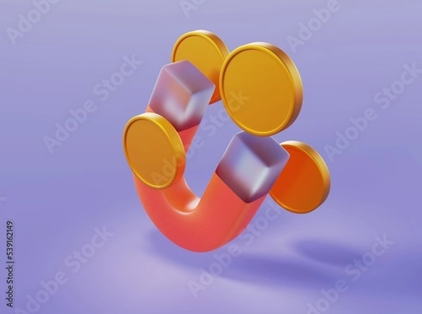 Fototapeta Magnet attracting money in the form of gold coins with glass elements on an isolated background 3d rendering