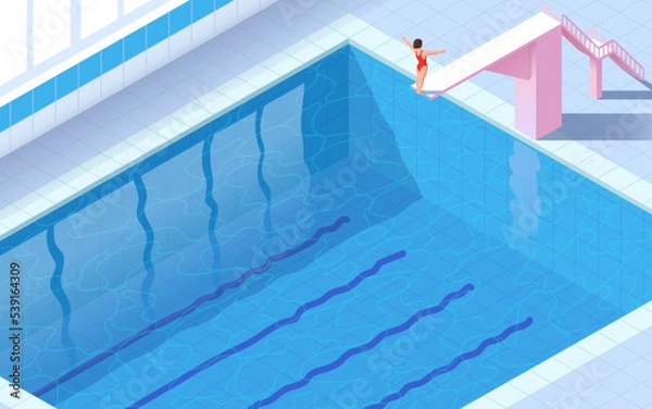 Fototapeta Vector illustration of a woman in a swimming pool. Isometry. Athlete jump into the pool. Competitions and training. Modern style