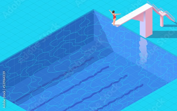 Fototapeta Vector illustration. Woman jumping into the water. Athlete jump into the pool. Competitions and training. Modern style