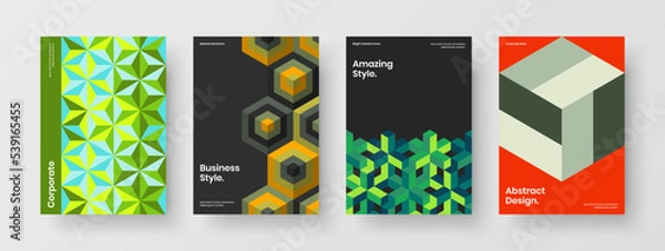 Fototapeta Multicolored geometric hexagons leaflet illustration composition. Premium placard vector design template collection.