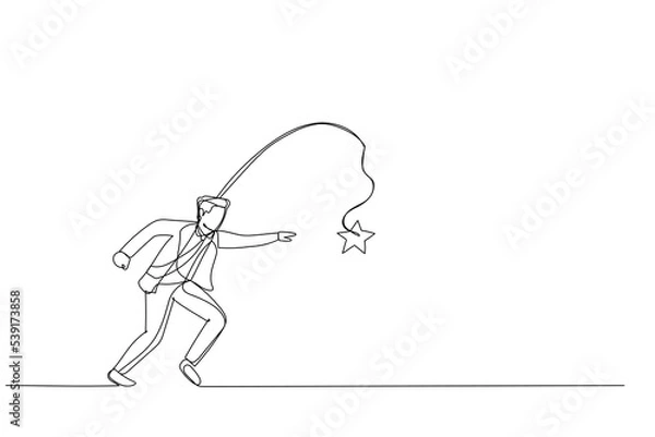 Fototapeta Cartoon of businessman running with carrot stick trying to grab star prize award. Metaphor for incentive. One continuous line art style