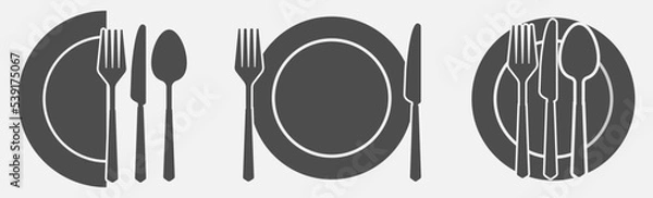 Fototapeta Set of fork and knife on a plate. Cutlery fork spoon and plate. vector sketch isolated	