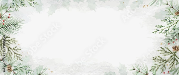 Fototapeta Watercolor vector winter background with fir branches and cones.