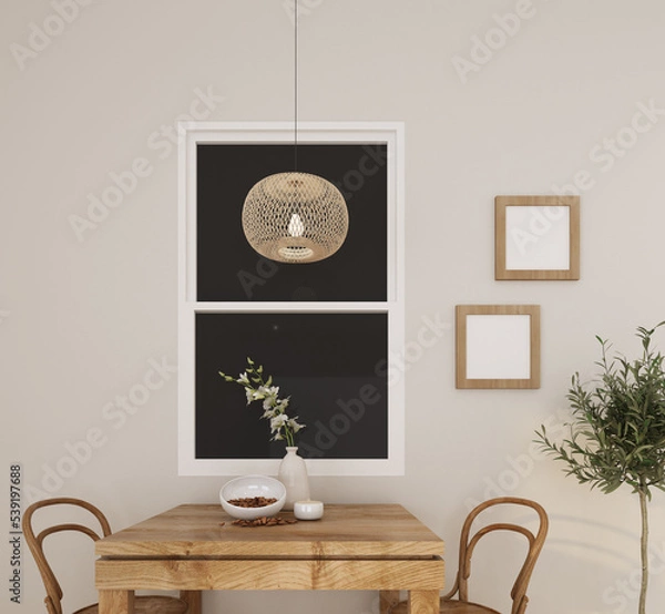 Fototapeta home interior dining room with wood chair,wood table,vase with flowers,plant,pendant lamp,window,wood empty frame,wall 3d render background.
