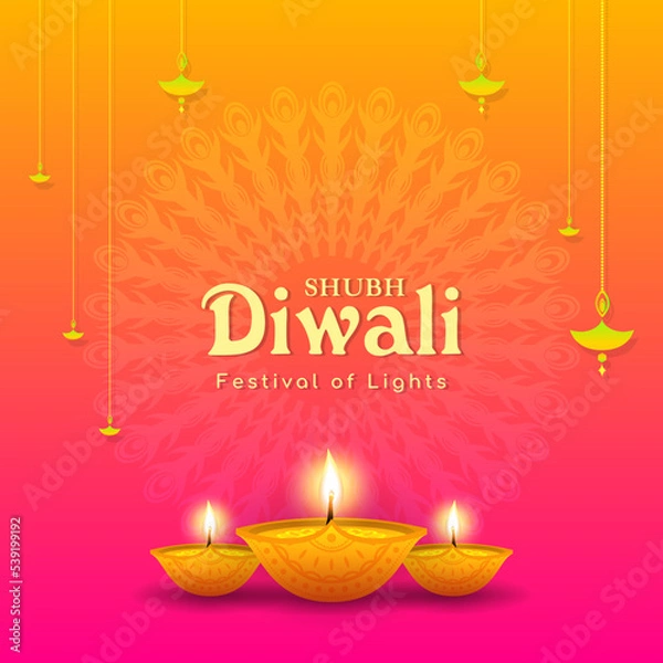 Fototapeta Shubh Diwali (Happy Diwali) Festival of light greeting card Vector illustration. Diya lamp on gradient background.