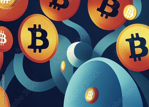 Fototapeta Bitcoin and blockchain technology art concept, cryptocurrency, decentralization and finance, cash, money and investment
