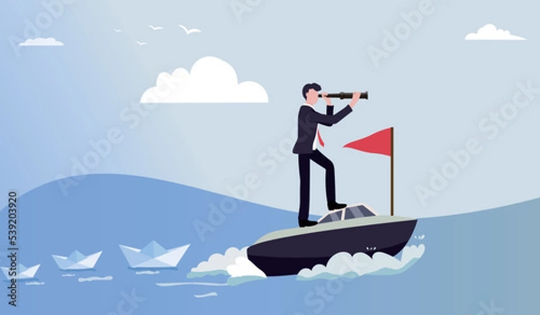 Fototapeta Businessman with telescope standing on the yacht at sea. Career, vision and success concept. Hand-drawn, vector illustration.