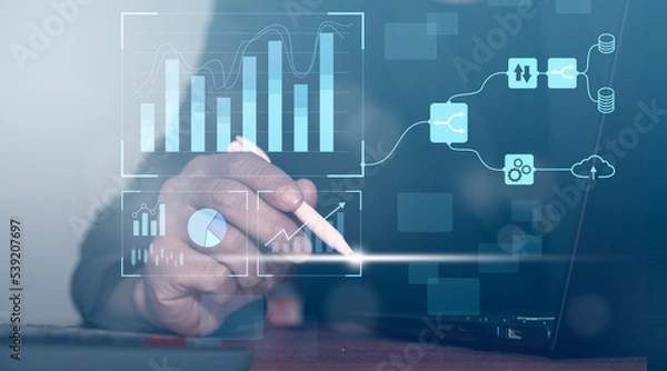 Fototapeta Business Analytics and Data Management System concepts on computers to generate reports with KPIs and metrics connected to corporate strategy databases for Finance, Operations, Sales, Marketing.