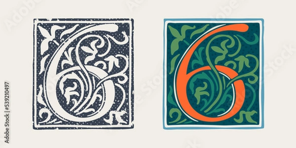 Fototapeta Number six logo in medieval gothic style. Set of dim colored and monochrome grunge style icons. Engraved initial drop cap.