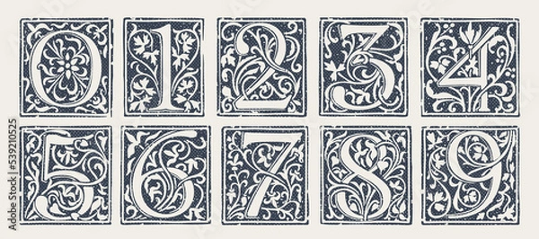 Obraz Numbers set in medieval gothic style. Set of dim colored and monochrome grunge style logos. Engraved initial drop cap.