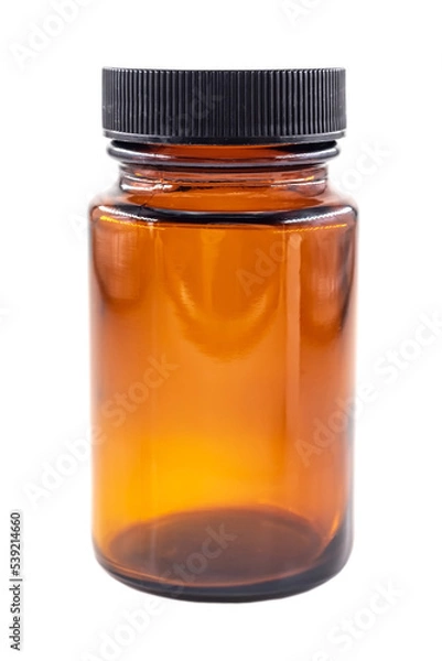 Obraz Medical bottle in brown for capsules and tablets on a white background. Packaging for medical preparations