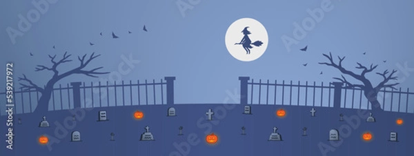Fototapeta Cemetery Background Halloween with pumpkin lantern, bats flying and witch riding her broom vector illustration. Suitable for social media post, feed, editable and simple Halloween background design.