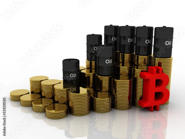 Fototapeta 3d illustration oil drum with golden coins stacks near bitcoin sign