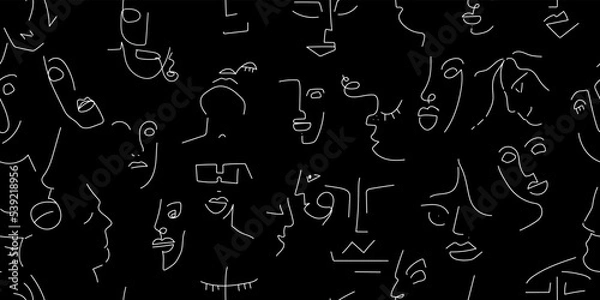 Fototapeta One line drawing Black white face seamless pattern