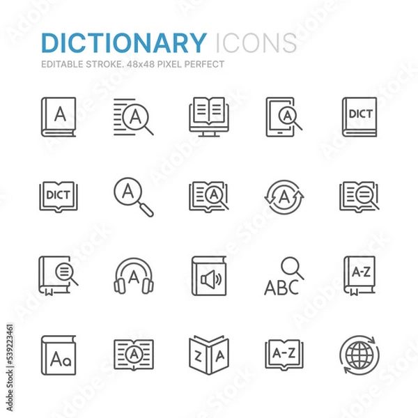 Obraz Collection of dictionary related outline icons. 48x48 Pixel Perfect. Editable stroke