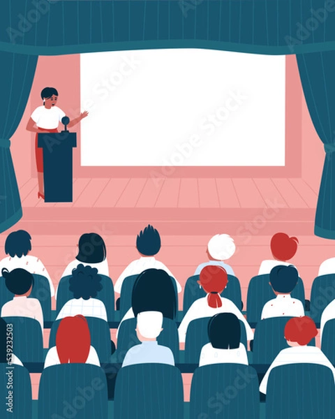 Fototapeta In the assembly hall there is a lecture for senior schoolchildren or students. An empty screen in the hall where you can place the necessary information. Flat vector illustration.