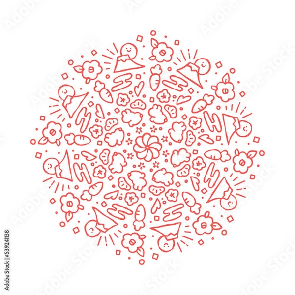 Obraz 年賀状素材　手書き　卯年　丸型　ラフ　ベクターイラスト