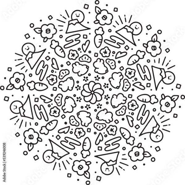 Obraz 年賀状素材　手書き　卯年　丸型　モノクロ　ベクターイラスト
