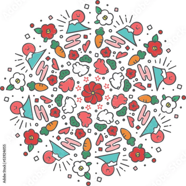 Obraz 年賀状素材　手書き　卯年　丸型　カラフル　ベクターイラスト
