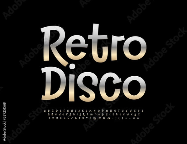 Fototapeta Vector fancy flyer Retro Disco. Silver shiny Font. Metal Alphabet Letters, Numbers and Symbols set