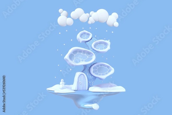 Fototapeta Cartoon abstract 3d house on an island in winter on a homogeneous background is isolated. Winter Christmas concert. 3d illustration from copy space