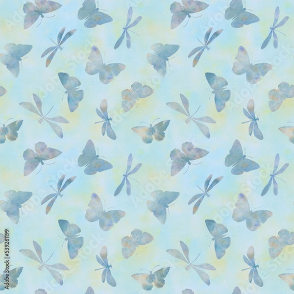 Fototapeta Seamless pattern of butterflies and dragonflies. Botanical abstract ornament for design.