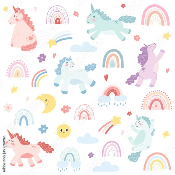 Fototapeta Set of cute unicorns, scandinavian rainbows, moon, stars, sun in cartoon flat style. Vector illustration of baby horse, colorful pony animal for fabric print, apparel, children textile design, card