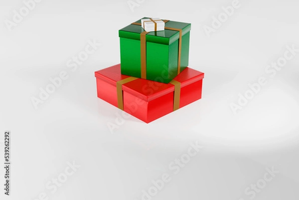 Fototapeta Pile of Christmas gifts. Big to small. On white background. Red, green and white with gold ribbon.