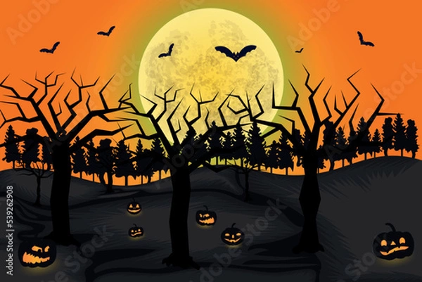 Fototapeta Happy Halloween Night Background. Halloween pumpkins, Graveyard, Spooky trees and Haunted House with Horror Halloween Concept Vector Illustration.
