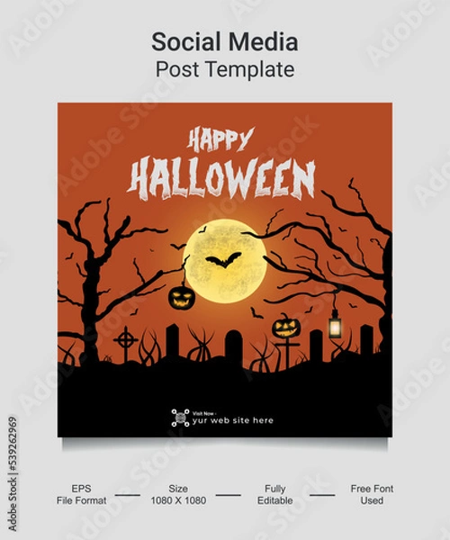 Fototapeta Happy Halloween Social media post template design. Pumpkin with Horror Halloween Concept. Vector illustration for greeting card, invitation, web banner advertising, poster.