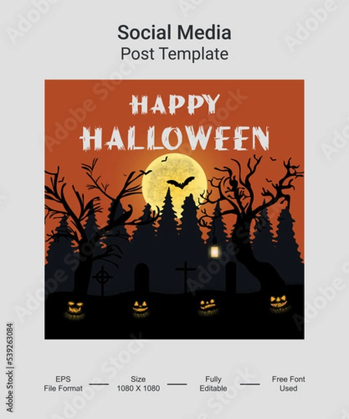 Fototapeta Happy Halloween Social media post template design. Pumpkin with Horror Halloween Concept. Vector illustration for greeting card, invitation, web banner advertising, poster.