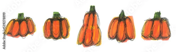 Fototapeta Set of pumpkin marker illustration. Hand drawn stylized pumpkins isolated on white background. Fast sketch with markers and black liner. Element for halloween design
