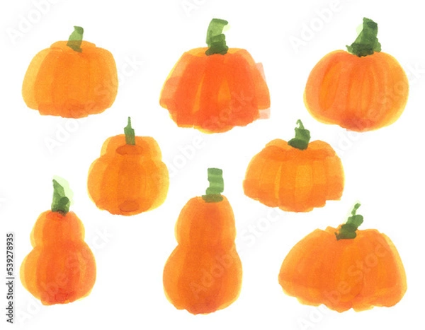 Fototapeta Set of abstract hand drawn pumpkins. Orange spots different shapes like a pumpkin isolated on white background. Fast sketch with marker. Halloween clip art