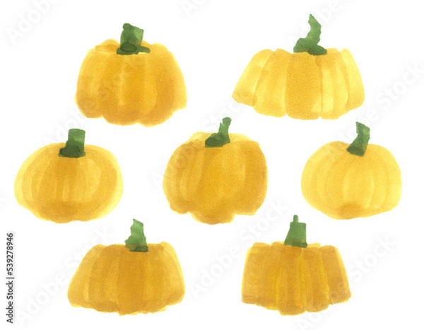 Fototapeta Set of abstract hand drawn pumpkins. Yellow spots different shapes like a pumpkin isolated on white background. Fast sketch with marker