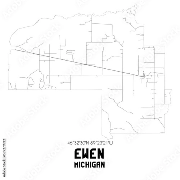 Fototapeta Ewen Michigan. US street map with black and white lines.