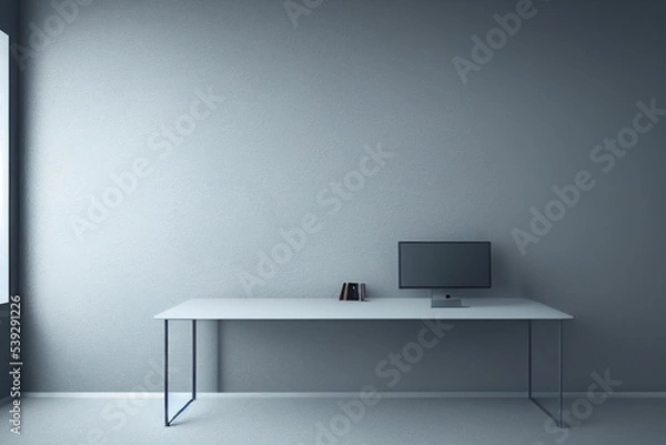 Fototapeta Office space with tables and chairs. Room for office workers open space. Office room for the placement of corporate attributes of the company. 3D office rendering.
