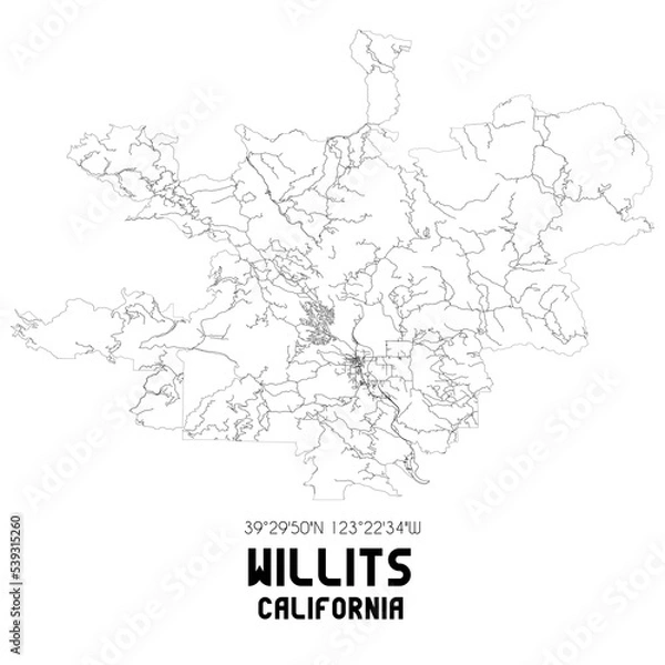 Fototapeta Willits California. US street map with black and white lines.
